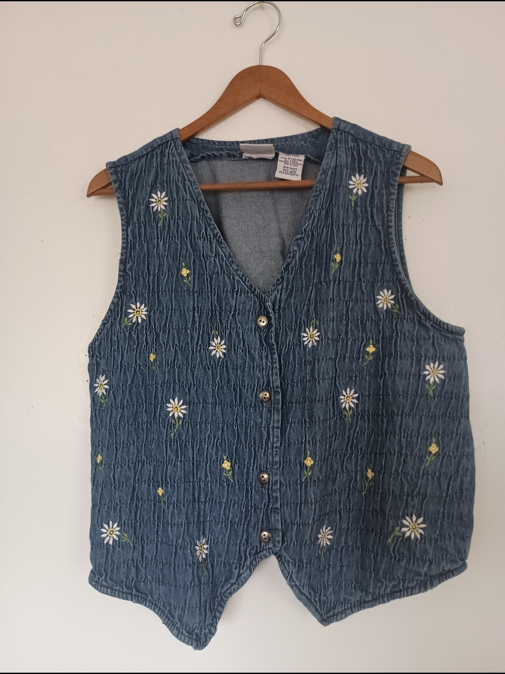 Bobbie Brooks 100% Cotton Denim Blue Metal Button-Front Daisy Embroidered Vest